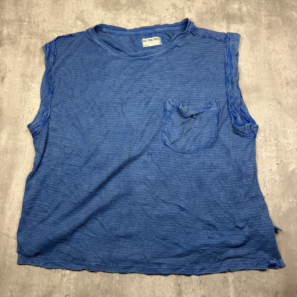 We The Free Free People Distressed Raw Hem Shirt Woman's Size M Blue Tank